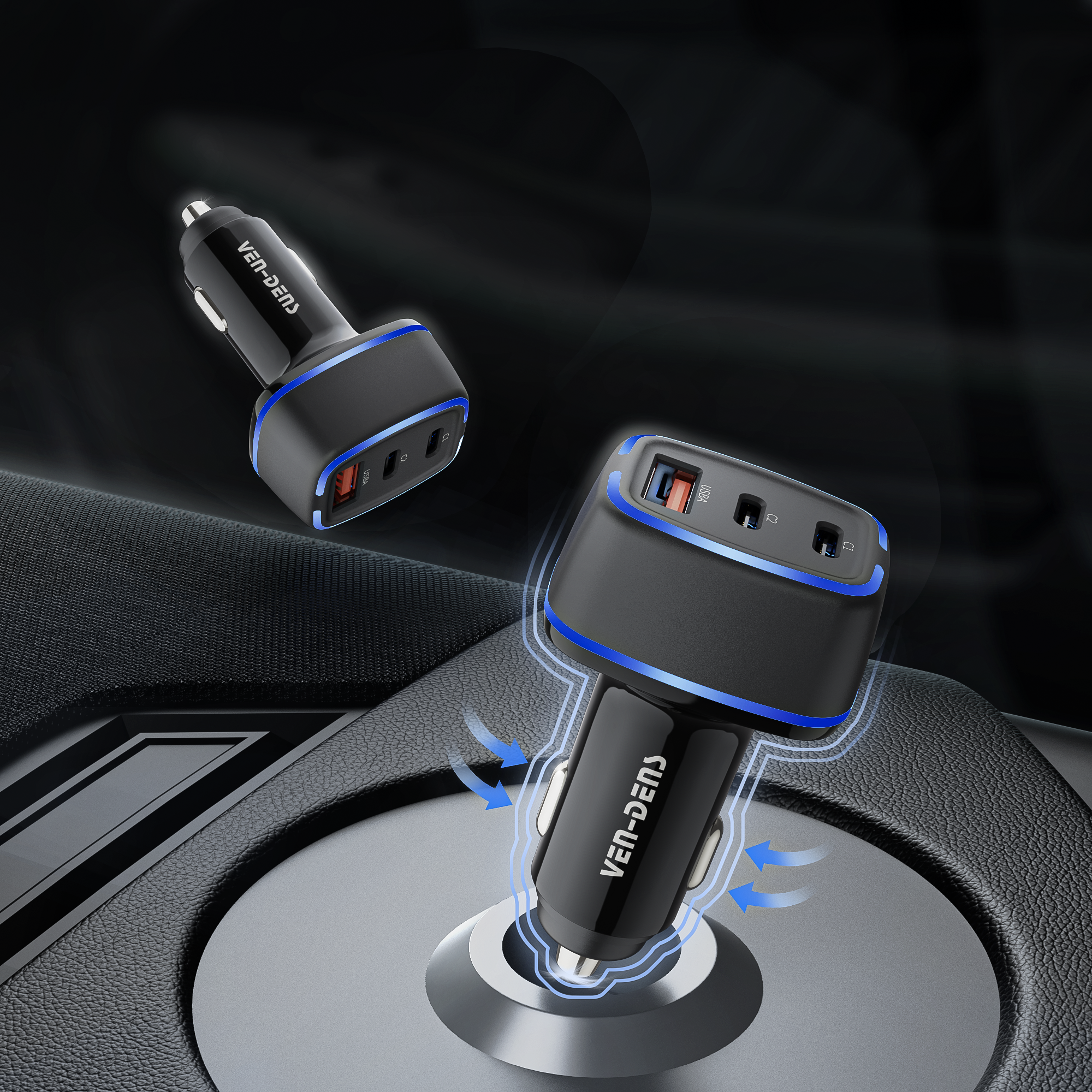 Cargador coche USB-C + USB 40W | Doble Type-C PD20W + USB QC18W con luz LED（VEN-DENS CC008)