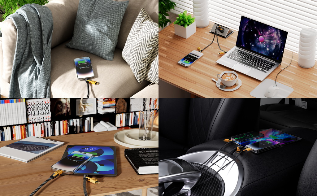Cable 4 en 1 de carga rápida 65W | Nylon trenzado y conectores de aleación de zinc (USB-C, Lightning)(VEN-DENS DCA05)