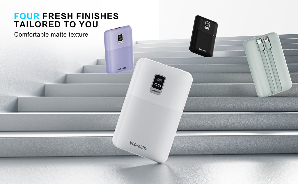 Power Bank 10000mAh 22.5W Carga Rápida con Cables Integrados | Pantalla LED, Compacto (Negro/Blanco/Verde/Morado)（VEN-DENS PB057)