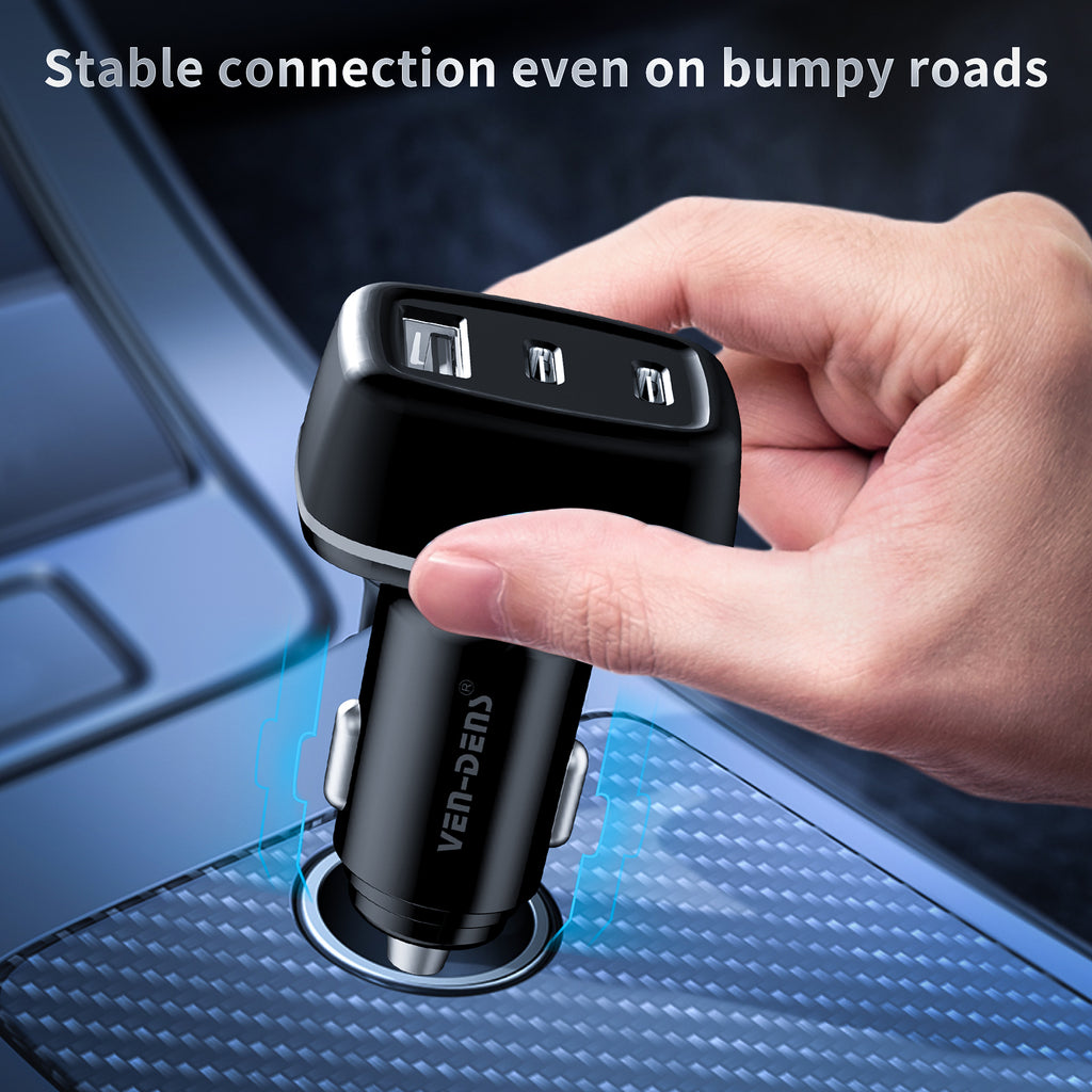 Cargador coche USB-C + USB 40W | Doble Type-C PD20W + USB QC18W con luz LED（VEN-DENS CC008)