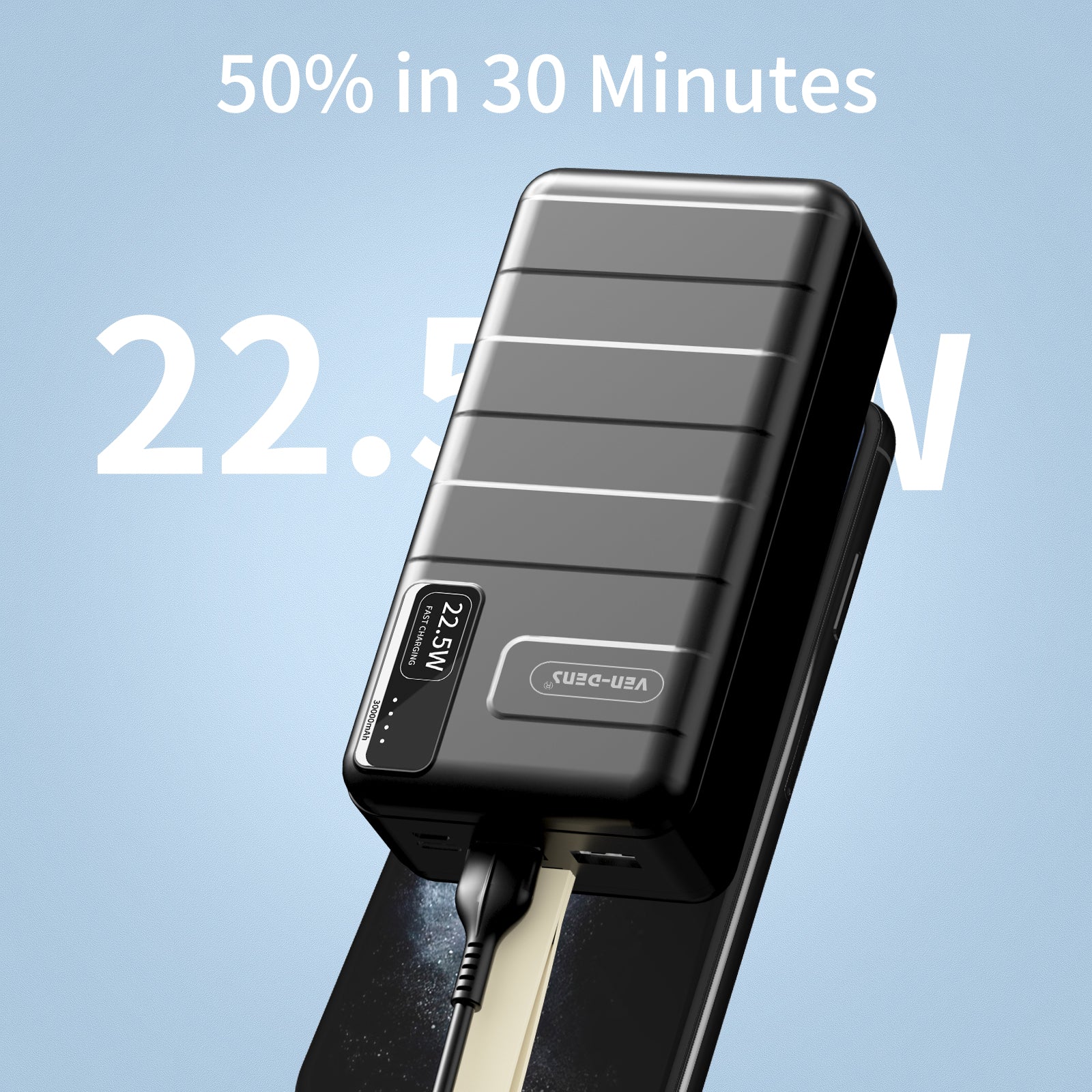 Power Bank 30000mAh 22.5W carga rápida | Batería externa con 2 USB + USB-C y LED indicador（VEN-DENS PB012)