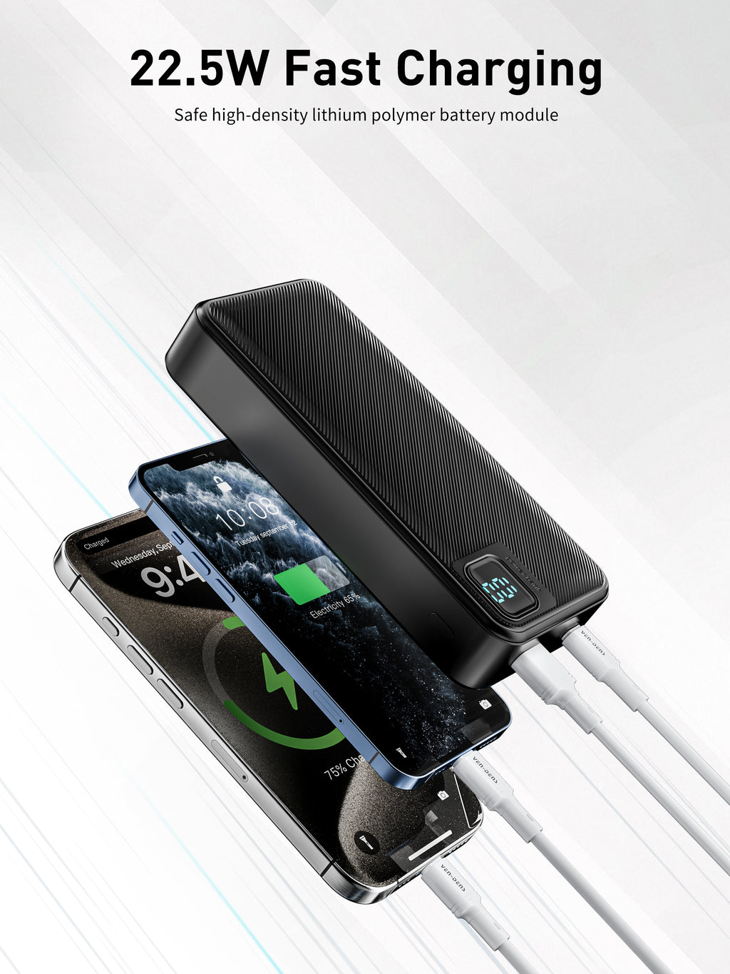 Power Bank 20000mAh 22.5W carga rápida con 4 cables integrados | Batería externa portátil con pantalla LED (Blanco/Negro)（VEN-DENS PB061)