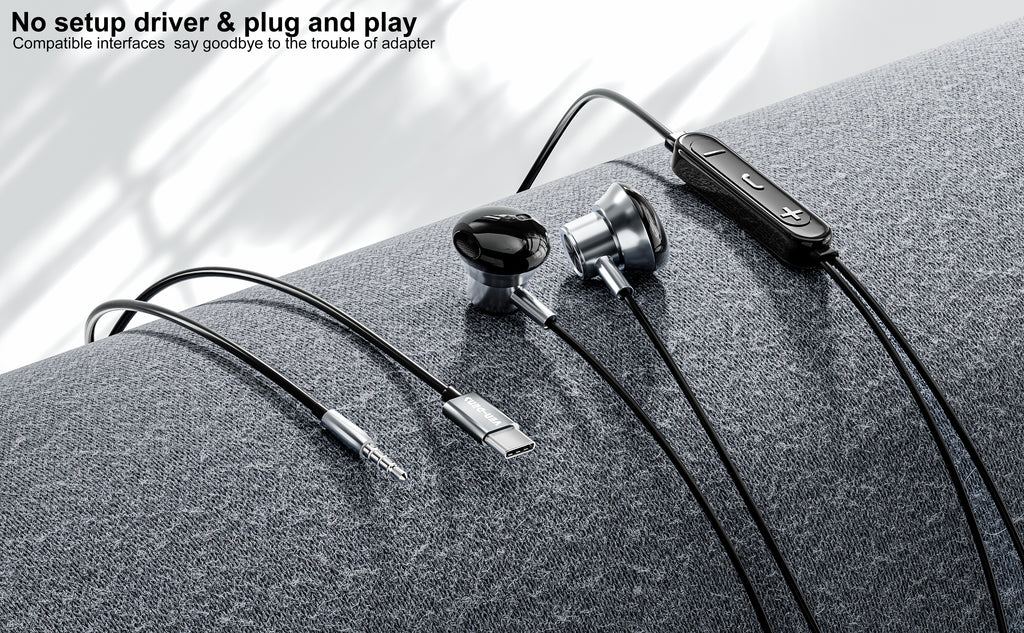 Auriculares USB-C negros sin goma con metálico | Alta calidad y sonido claro(VEN-DENS EAR020)