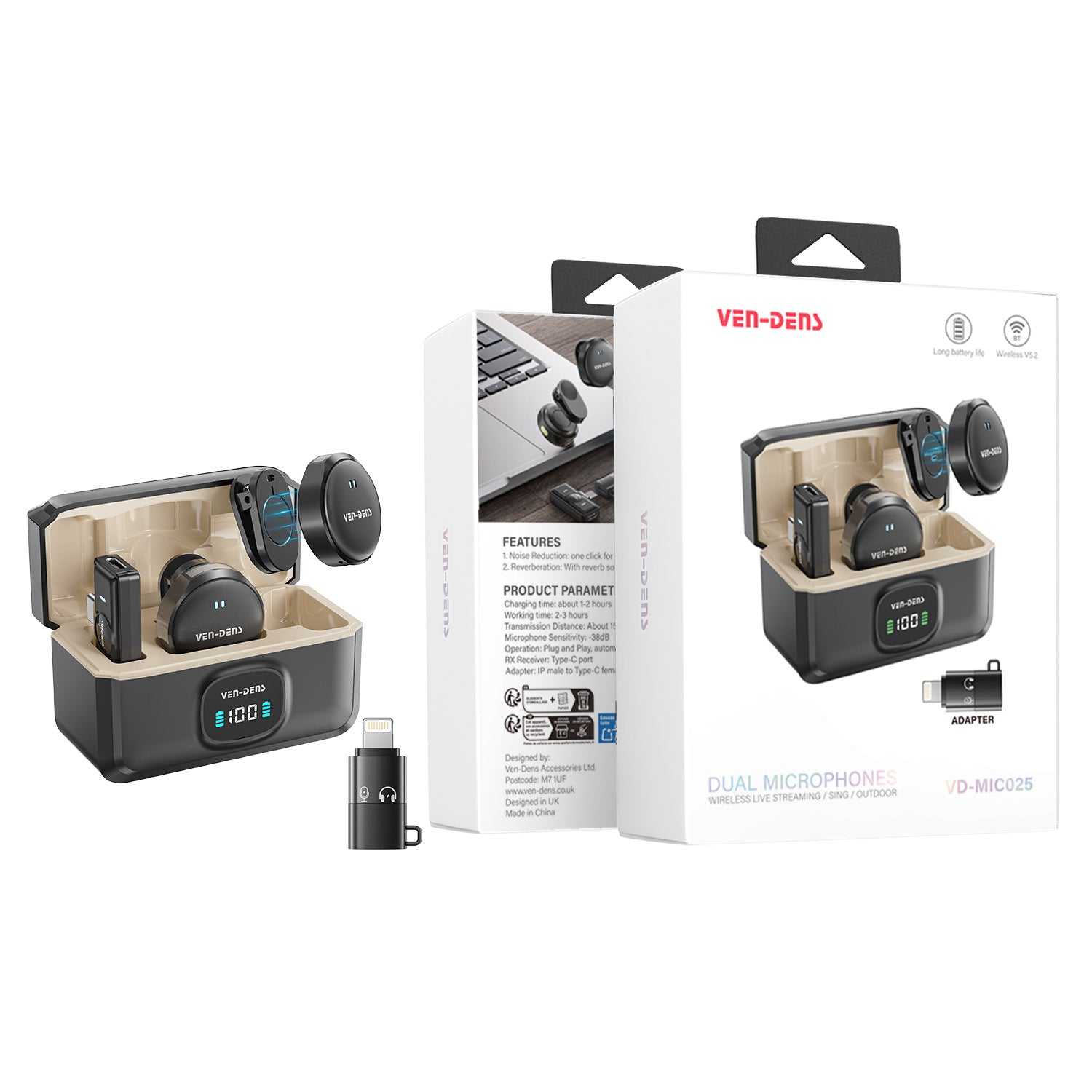 Micrófonos inalámbricos duales Bluetooth 5.2 con cancelación de ruido（VEN-DENS MIC025)