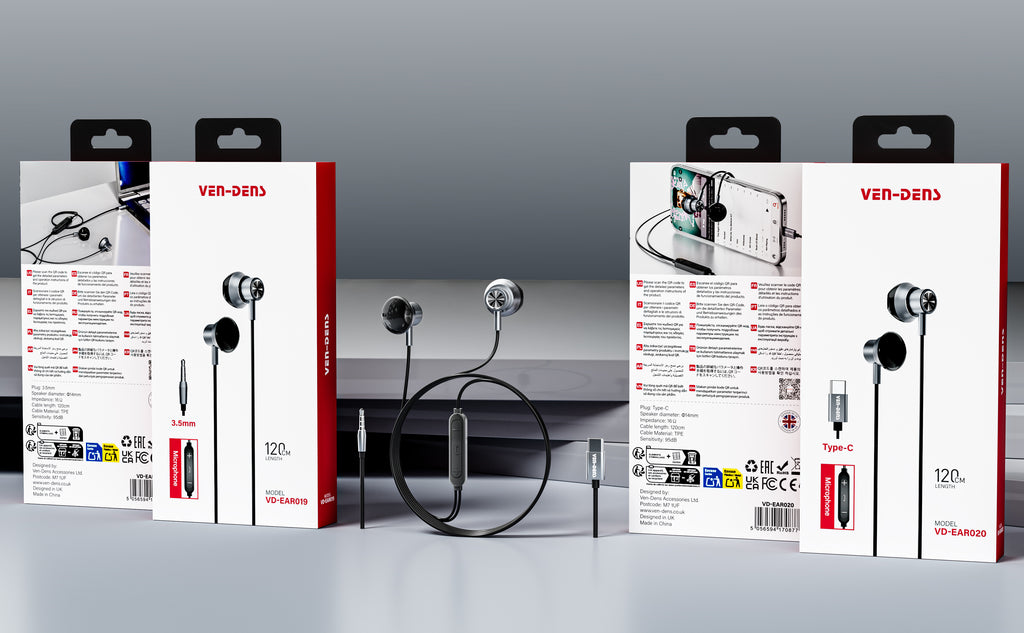 Auriculares USB-C negros sin goma con metálico | Alta calidad y sonido claro(VEN-DENS EAR020)