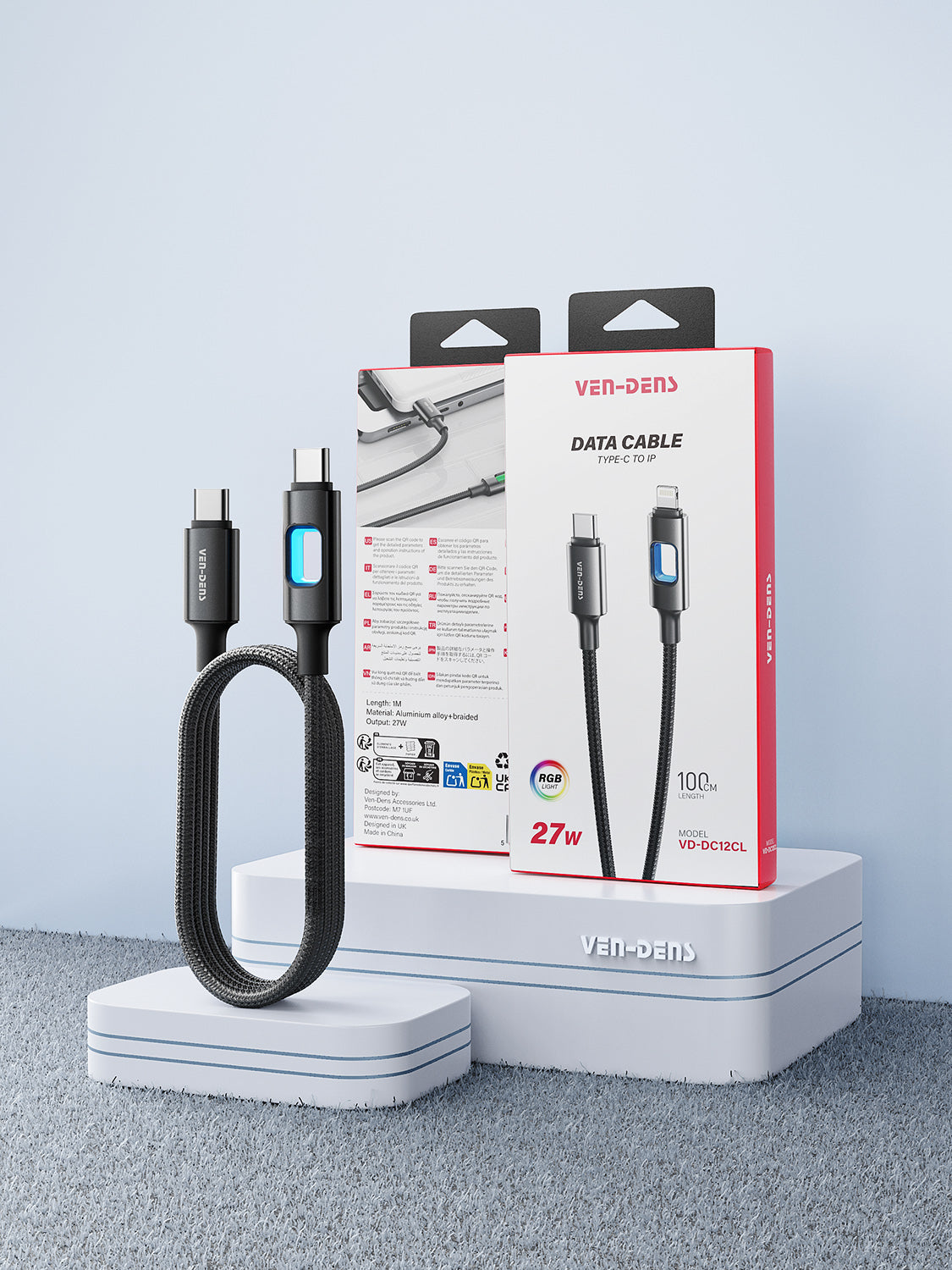 Cable Typc C to Type-C 60W con luz LED RGB | Metal, trenzado y carga rápida(VEN-DENS DC12CC)