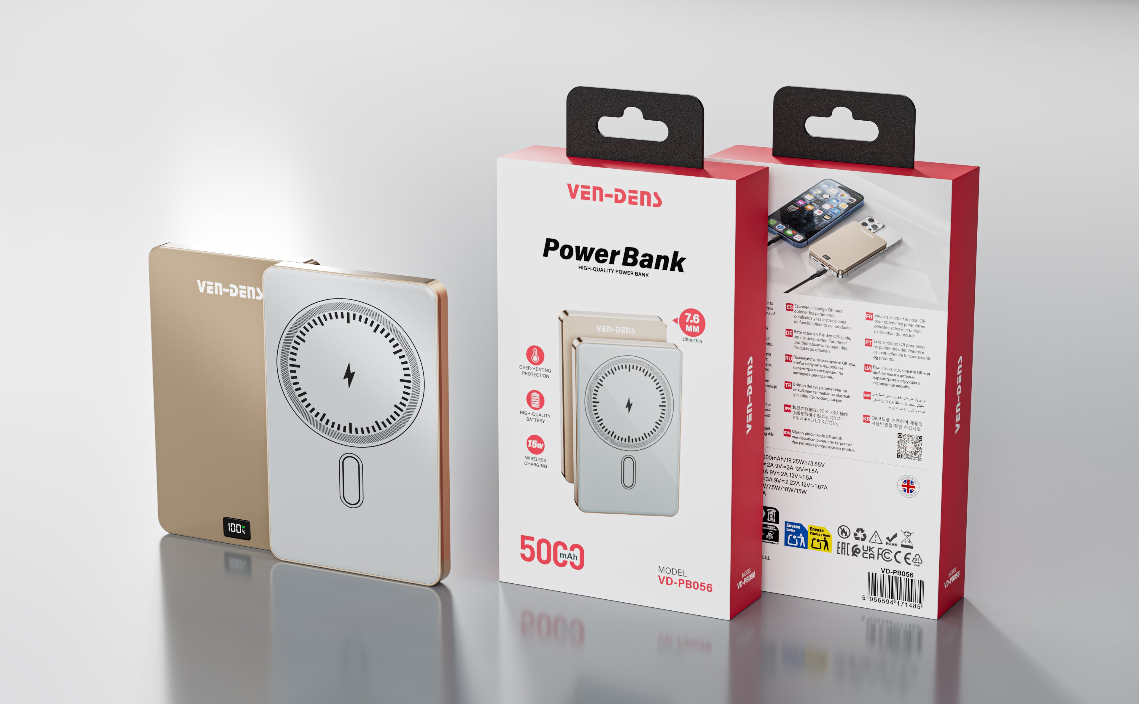 Power Bank Magnético Premium 5000mAh 15W | Carga inalámbrica, pantalla digital, diseño metal + vidrio ultrafino（VEN-DENS PB056)
