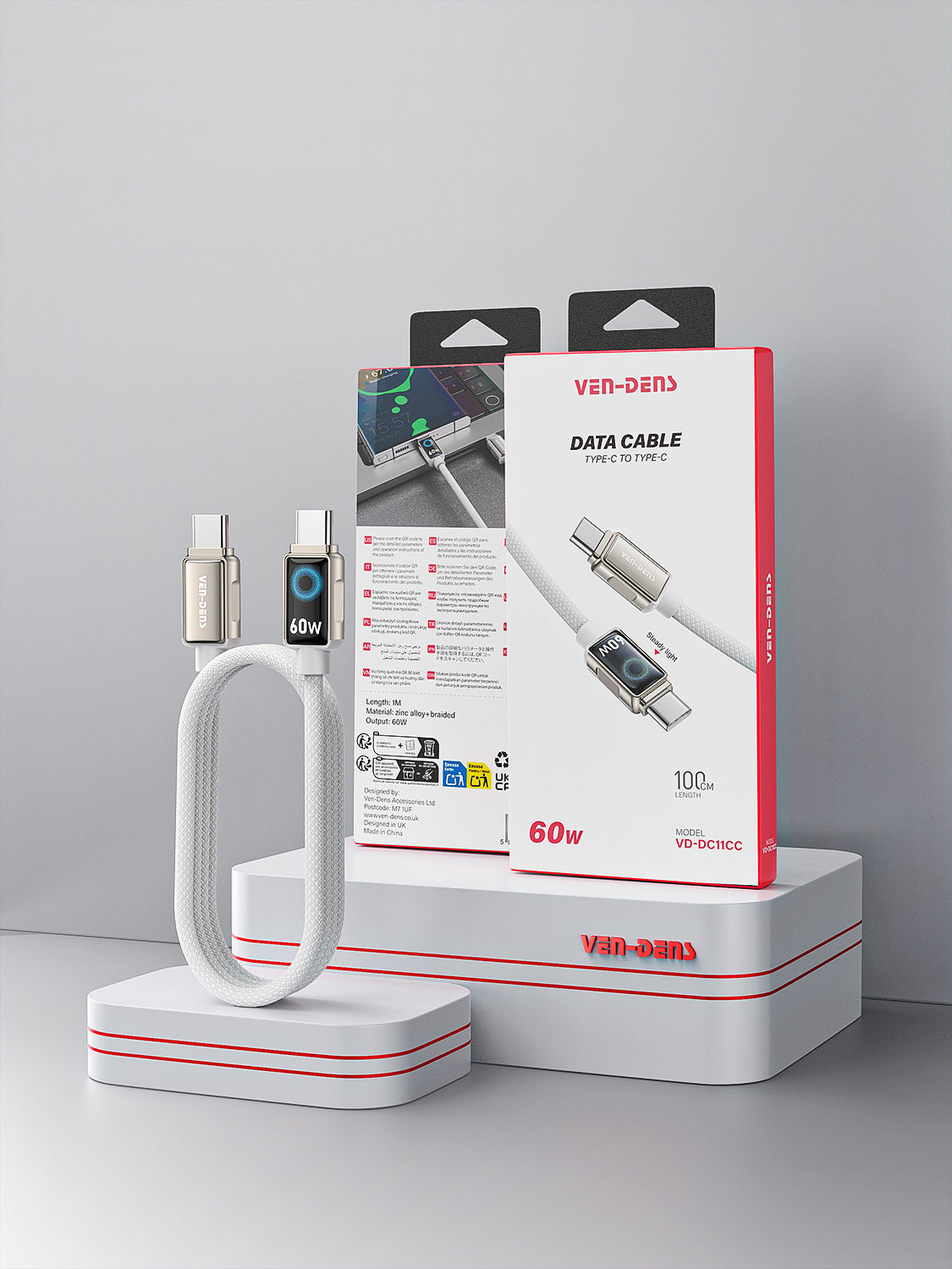 Cable de Carga Rápida 60W con Pantalla LED – USB-C a Type C  (VEN-DENS DC11CC)