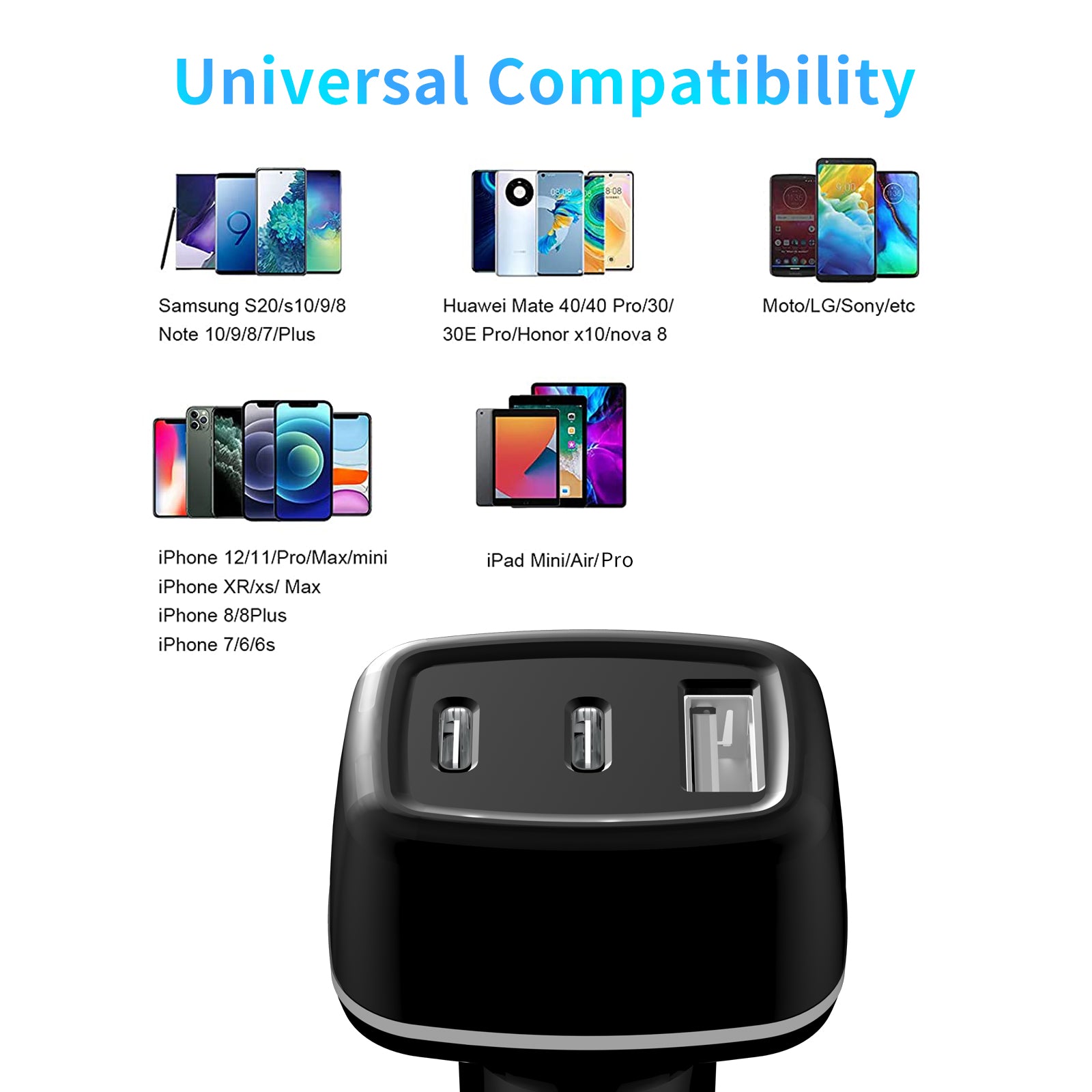 Cargador coche USB-C + USB 40W | Doble Type-C PD20W + USB QC18W con luz LED（VEN-DENS CC008)