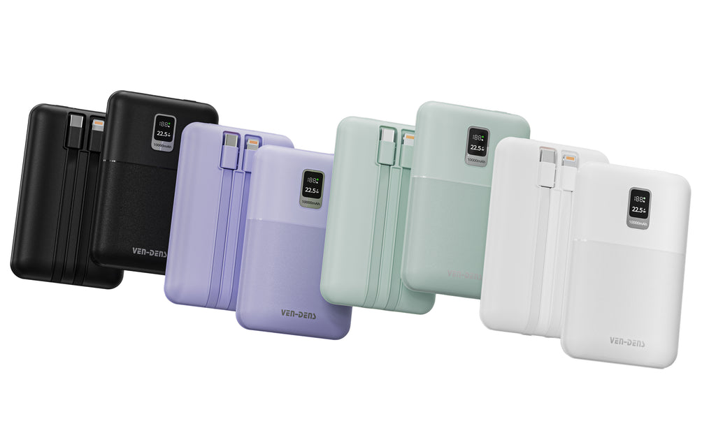 Power Bank 10000mAh 22.5W Carga Rápida con Cables Integrados | Pantalla LED, Compacto (Negro/Blanco/Verde/Morado)（VEN-DENS PB057)