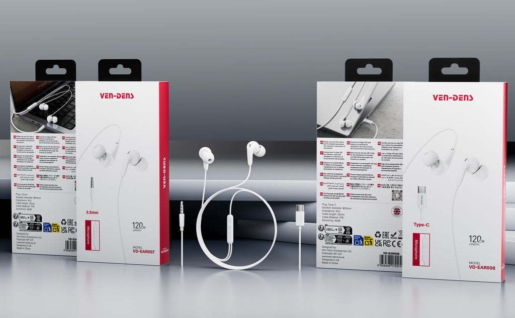 Auriculares con cable Jack 3.5mm blancos y negros con goma | In-ear, sonido potente y cómodo(VEN-DENS EAR007)