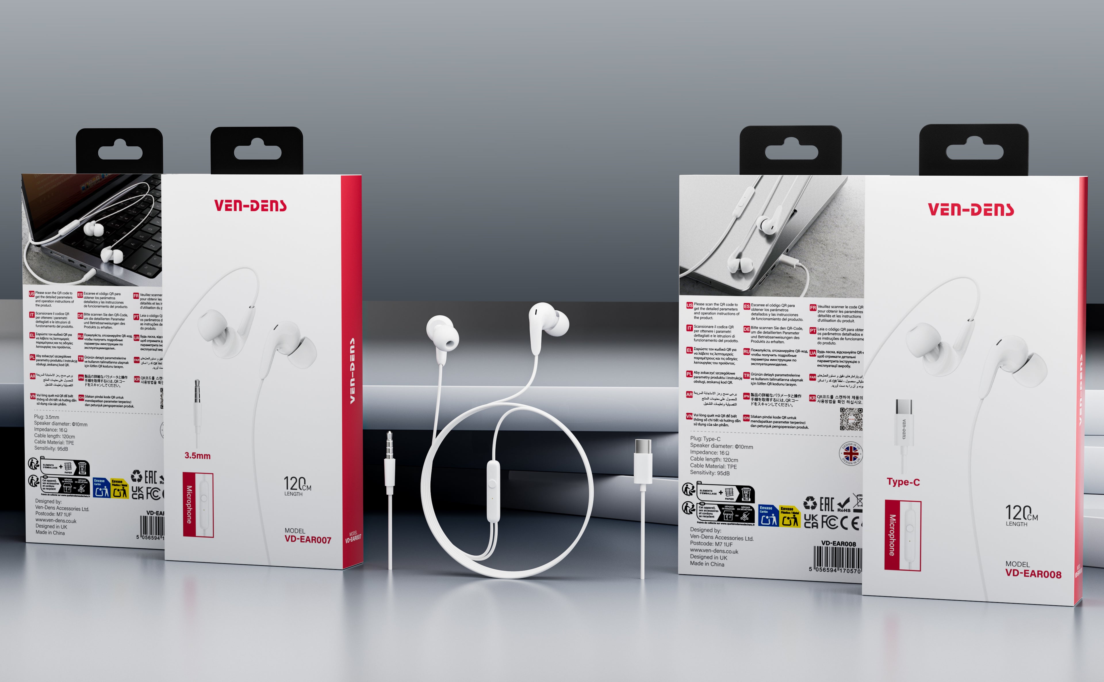 Auriculares con cable Jack 3.5mm blancos y negros con goma | In-ear, sonido potente y cómodo(VEN-DENS EAR007)