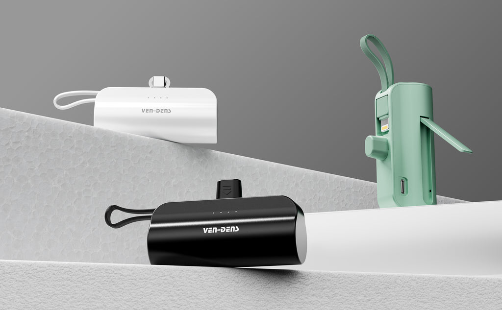 Mini Power Bank 5000mAh con Lightning + USB-C | Batería portátil compacta 10W (Negro/Blanco/Verde)（VEN-DENS PB053)