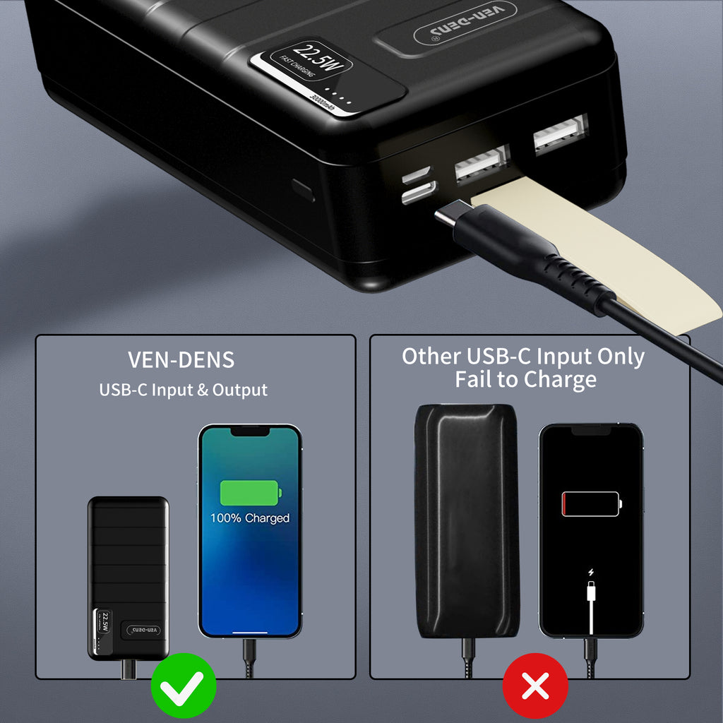 Power Bank 30000mAh 22.5W carga rápida | Batería externa con 2 USB + USB-C y LED indicador（VEN-DENS PB012)