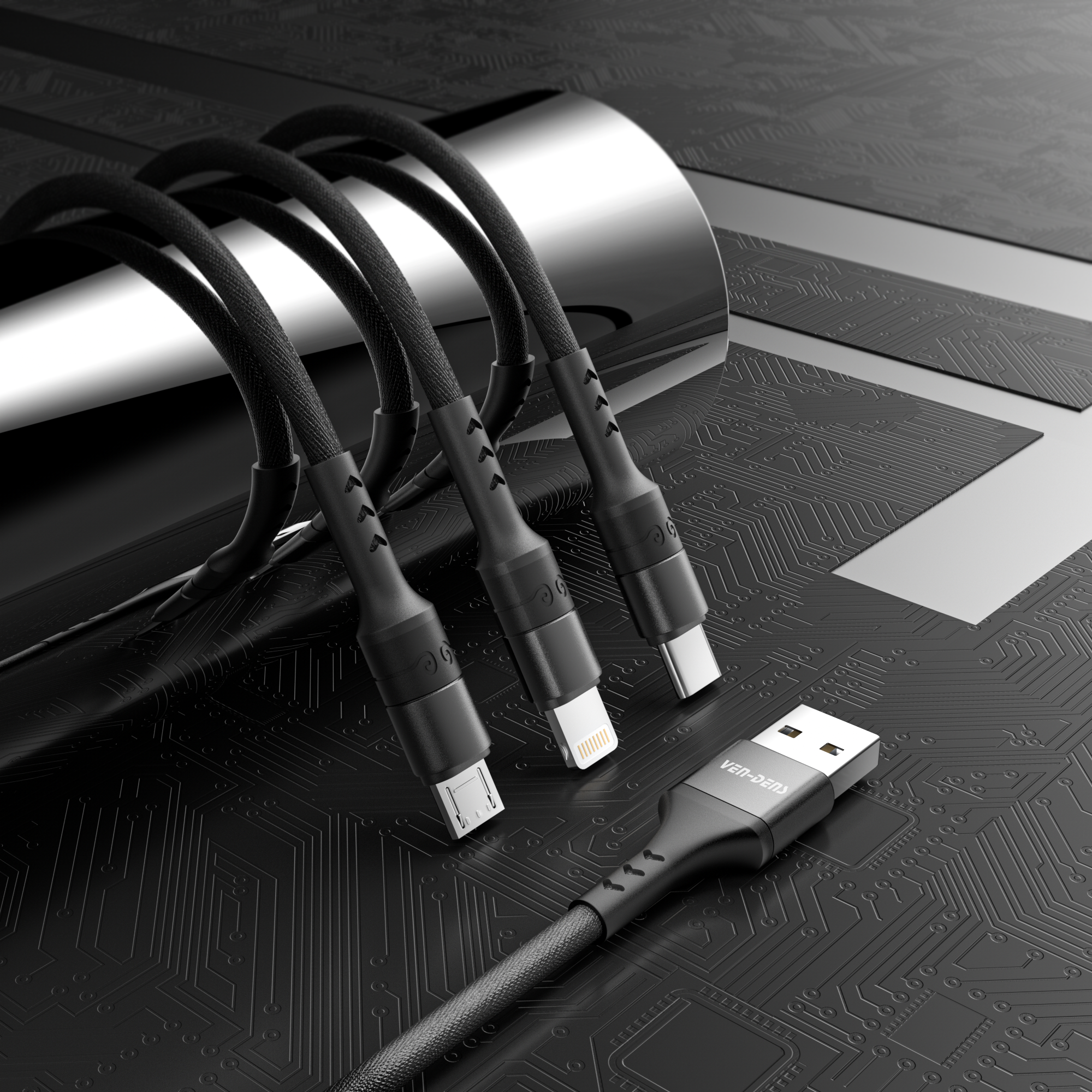 Cable 3 en 1 USB de carga rápida | Nylon trenzado y conectores metálicos (USB-C, Lightning, Micro USB)(VEN-DENS DCA01)