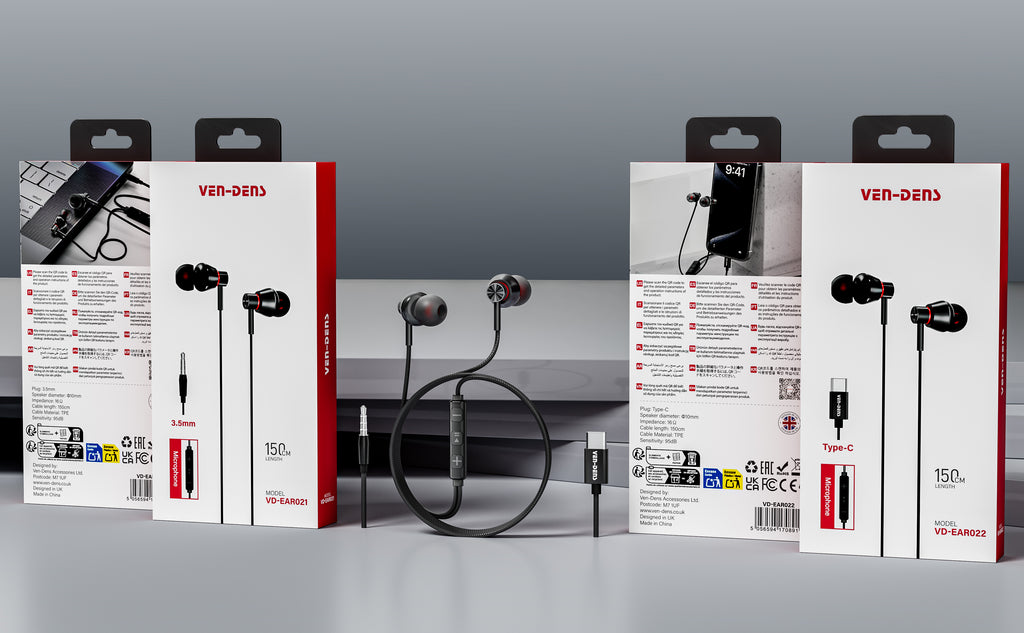 Auriculares Jack 3.5mm negros con goma y metálico | Sonido potente y alta calidad(VEN-DENS EAR021)