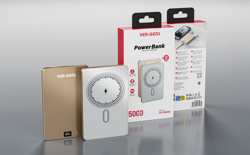 Power Bank Magnético Premium 5000mAh 15W | Carga inalámbrica, pantalla digital, diseño metal + vidrio ultrafino（VEN-DENS PB056)