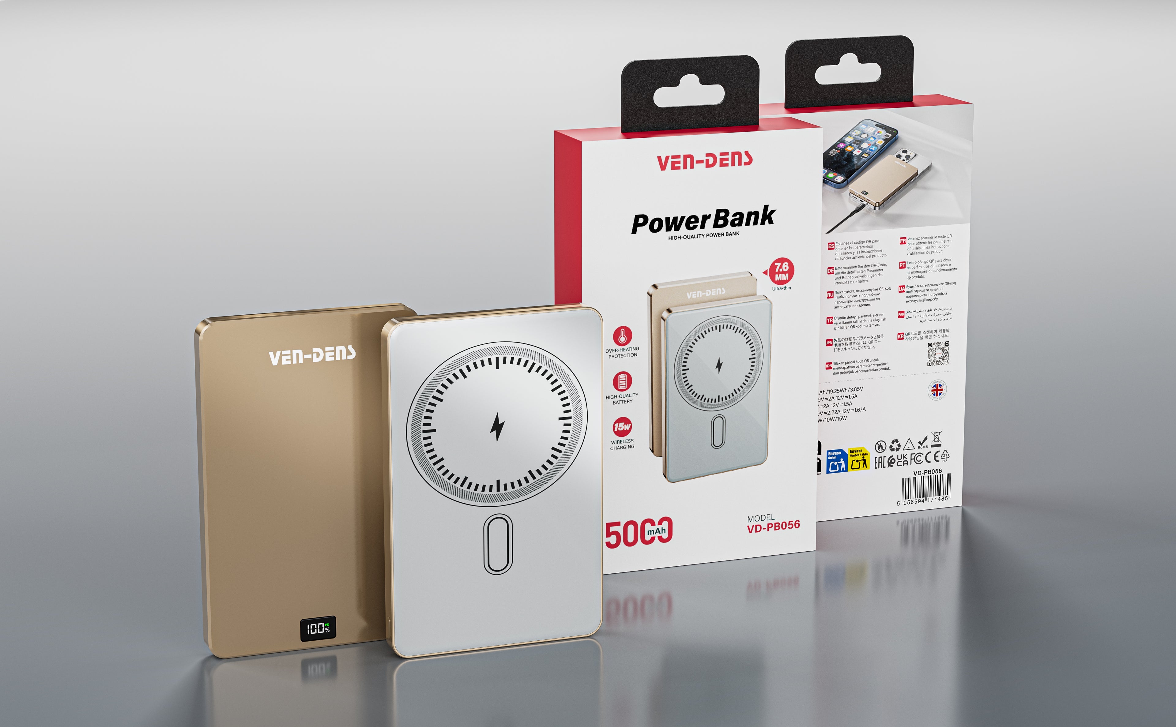 Power Bank Magnético Premium 5000mAh 15W | Carga inalámbrica, pantalla digital, diseño metal + vidrio ultrafino（VEN-DENS PB056)