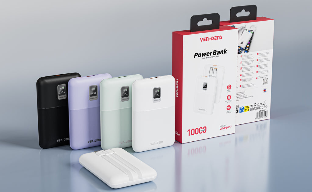 Power Bank 10000mAh 22.5W Carga Rápida con Cables Integrados | Pantalla LED, Compacto (Negro/Blanco/Verde/Morado)（VEN-DENS PB057)