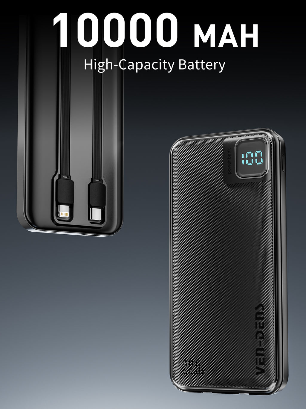 Power Bank 10000mAh 22.5W carga rápida con 4 cables integrados | Batería externa con pantalla LED (Blanco/Negro)（VEN-DENS PB060)