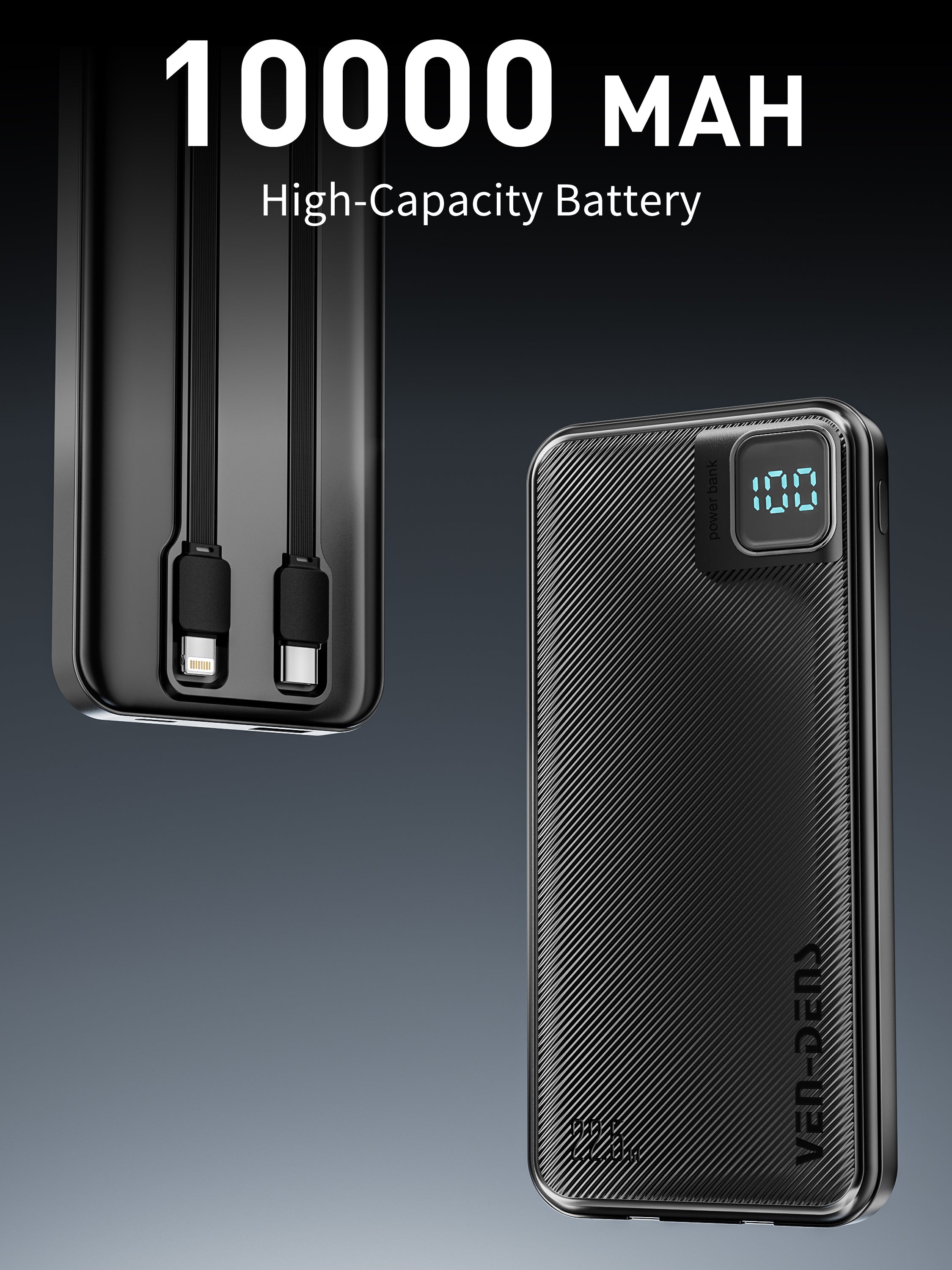 Power Bank 10000mAh 22.5W carga rápida con 4 cables integrados | Batería externa con pantalla LED (Blanco/Negro)（VEN-DENS PB060)