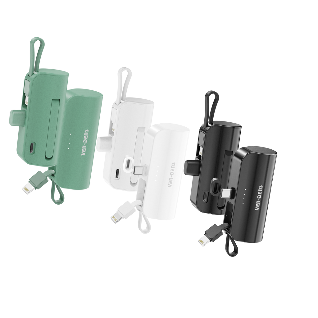 Mini Power Bank 5000mAh con Lightning + USB-C | Batería portátil compacta 10W (Negro/Blanco/Verde)（VEN-DENS PB053)