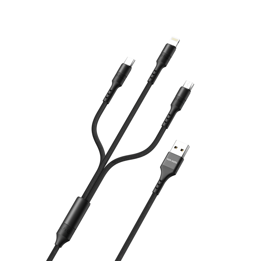 Cable 3 en 1 USB de carga rápida | Nylon trenzado y conectores metálicos (USB-C, Lightning, Micro USB)(VEN-DENS DCA01)