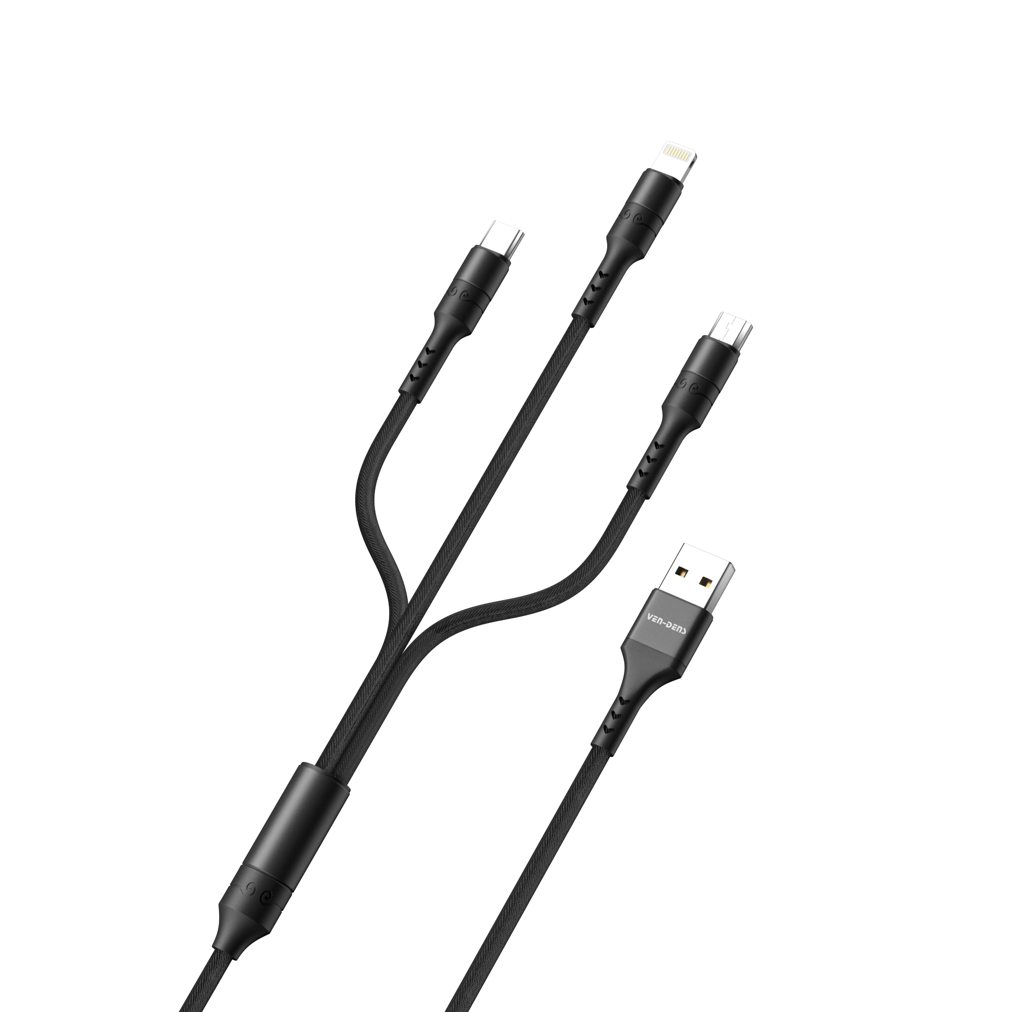 Cable 3 en 1 USB de carga rápida | Nylon trenzado y conectores metálicos (USB-C, Lightning, Micro USB)(VEN-DENS DCA01)