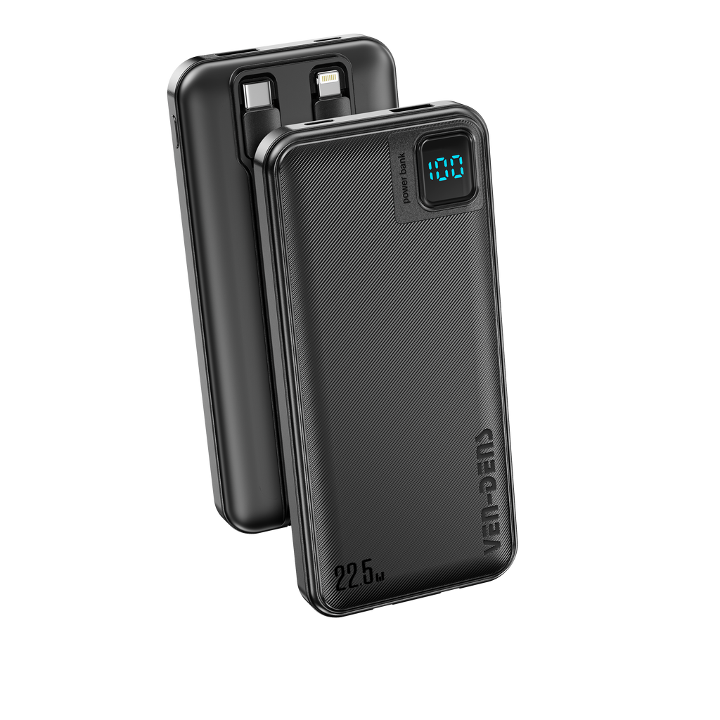 Power Bank 10000mAh 22.5W carga rápida con 4 cables integrados | Batería externa con pantalla LED (Blanco/Negro)（VEN-DENS PB060)