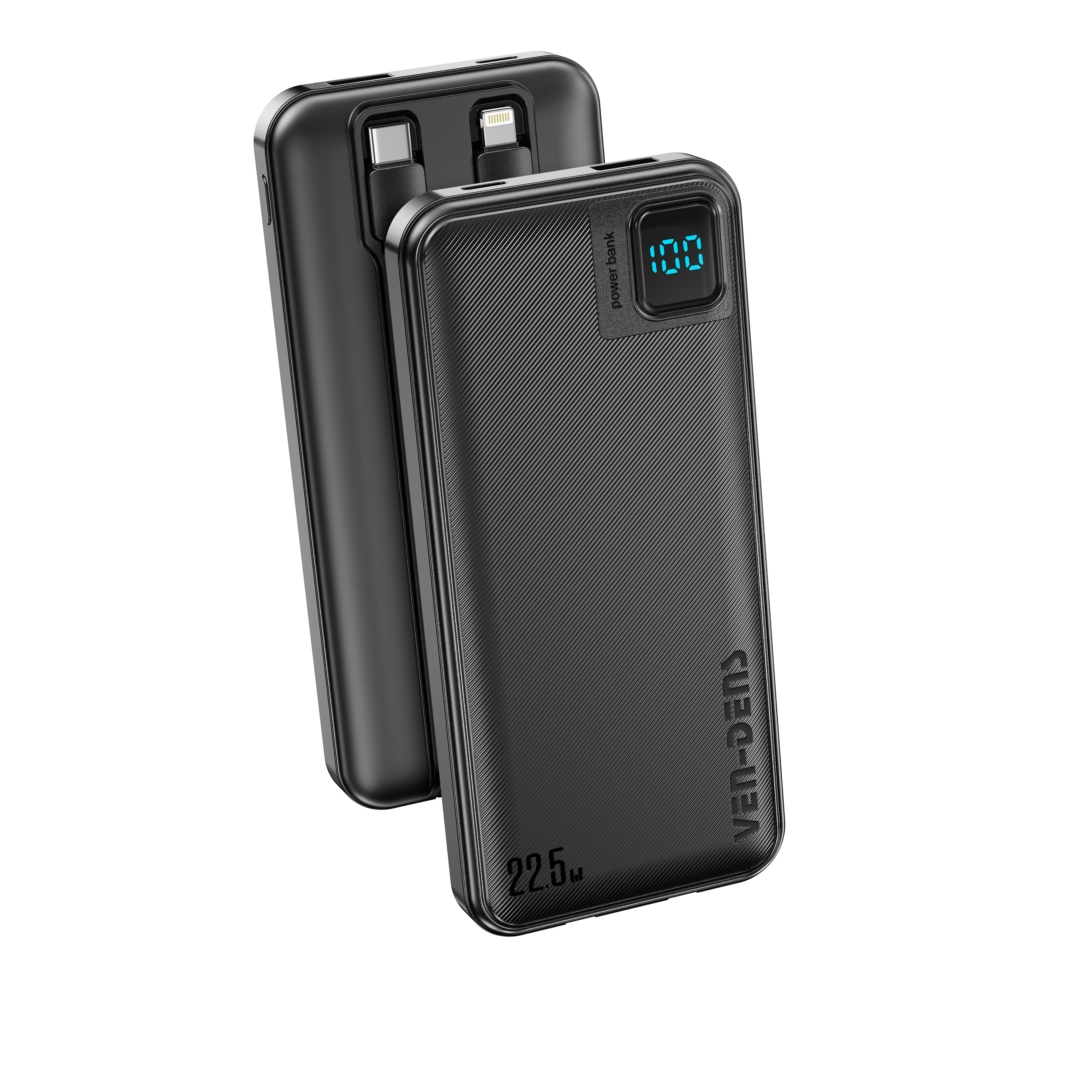 Power Bank 10000mAh 22.5W carga rápida con 4 cables integrados | Batería externa con pantalla LED (Blanco/Negro)（VEN-DENS PB060)
