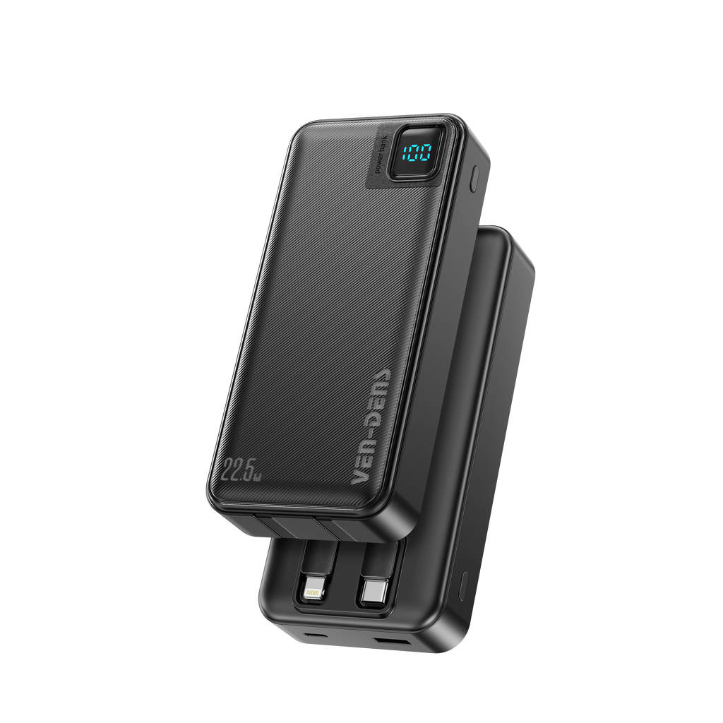 Power Bank 20000mAh 22.5W carga rápida con 4 cables integrados | Batería externa portátil con pantalla LED (Blanco/Negro)（VEN-DENS PB061)
