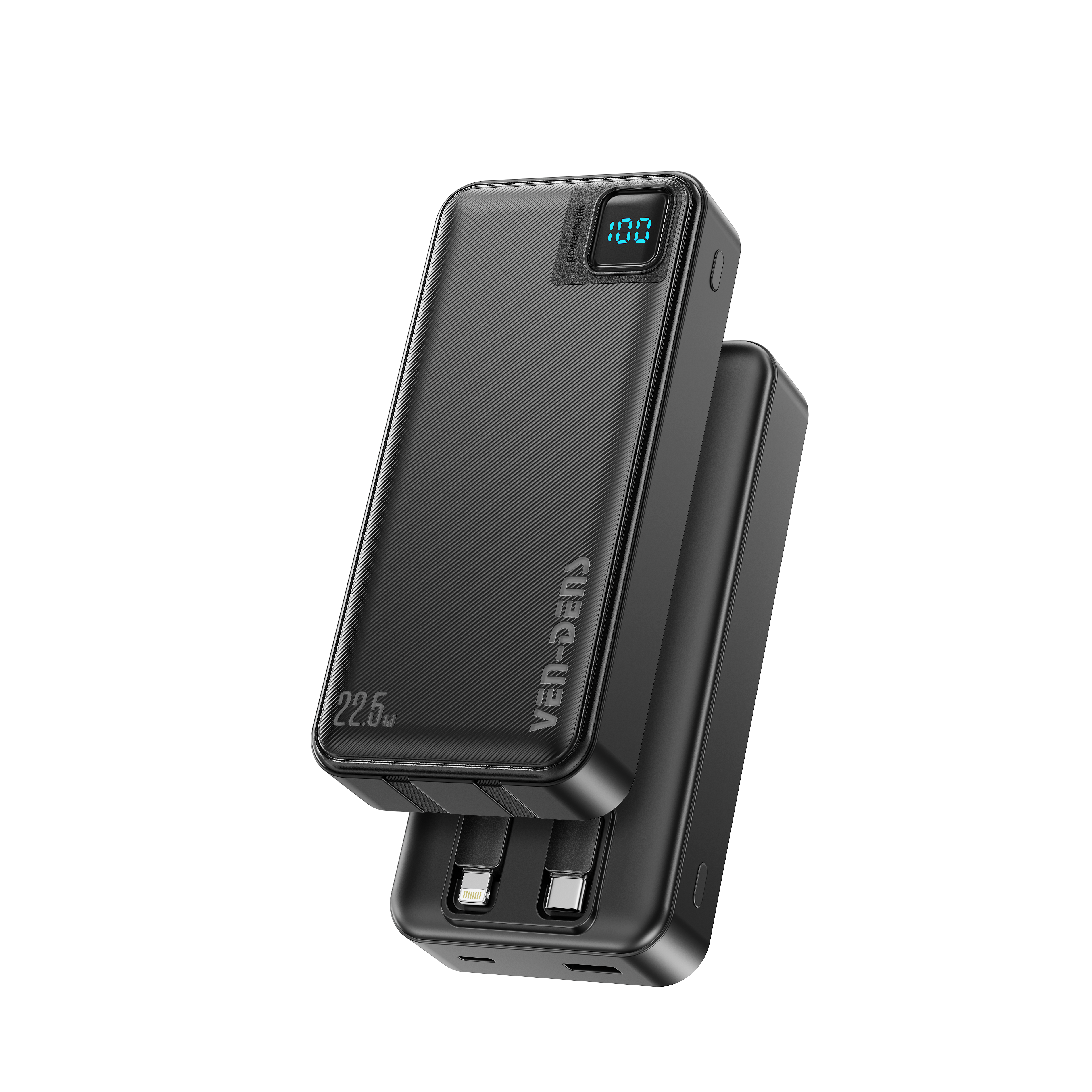 Power Bank 20000mAh 22.5W carga rápida con 4 cables integrados | Batería externa portátil con pantalla LED (Blanco/Negro)（VEN-DENS PB061)