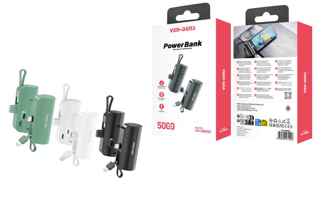 Mini Power Bank 5000mAh con Lightning + USB-C | Batería portátil compacta 10W (Negro/Blanco/Verde)（VEN-DENS PB053)