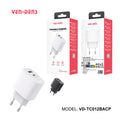Cargador rápido doble USB 20W PD + 18W QC EU Plug | Cargador USB-C + USB-A para iPhone y Android (VEN-DENS TC012BAC)