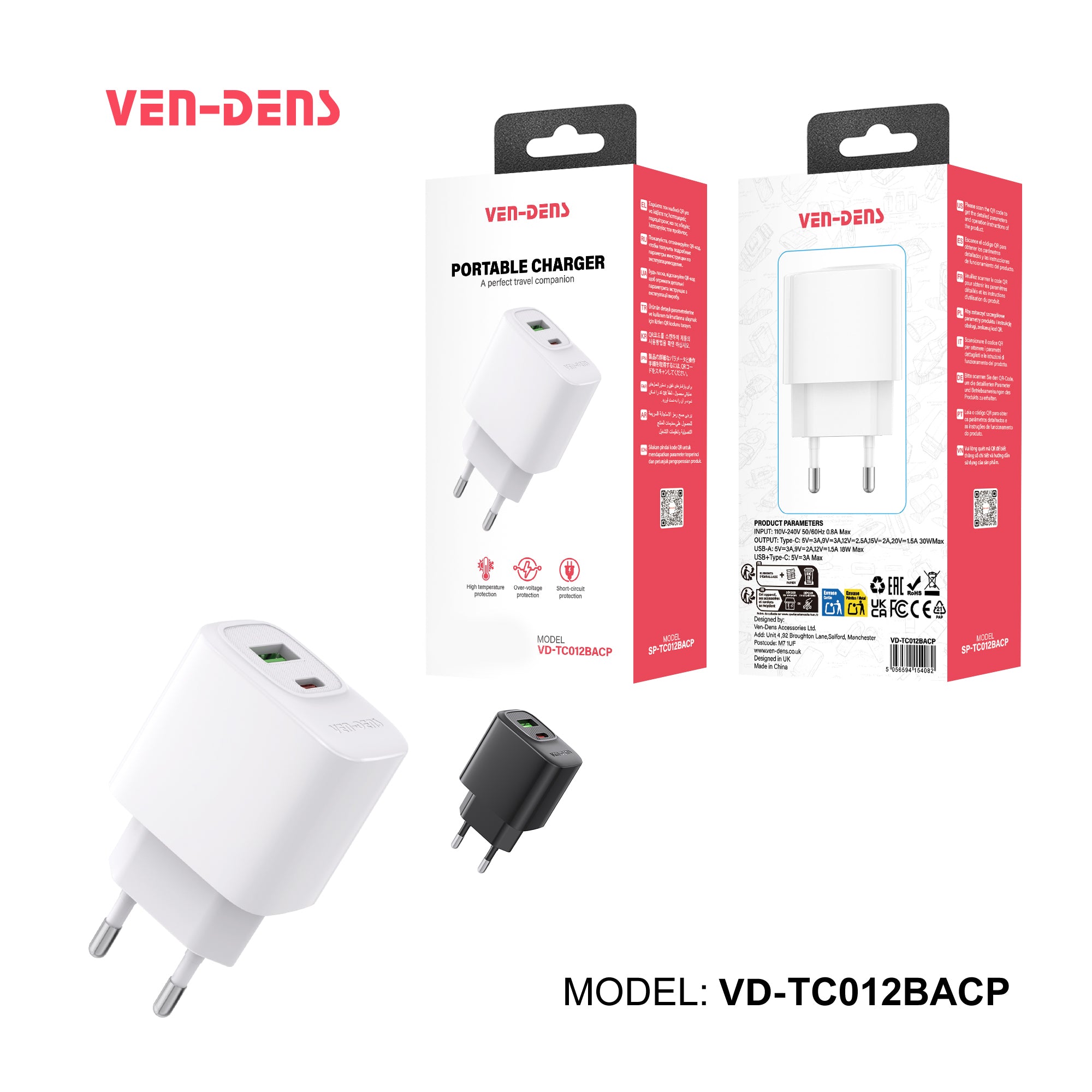 Cargador rápido doble USB 20W PD + 18W QC EU Plug | Cargador USB-C + USB-A para iPhone y Android (VEN-DENS TC012BAC)