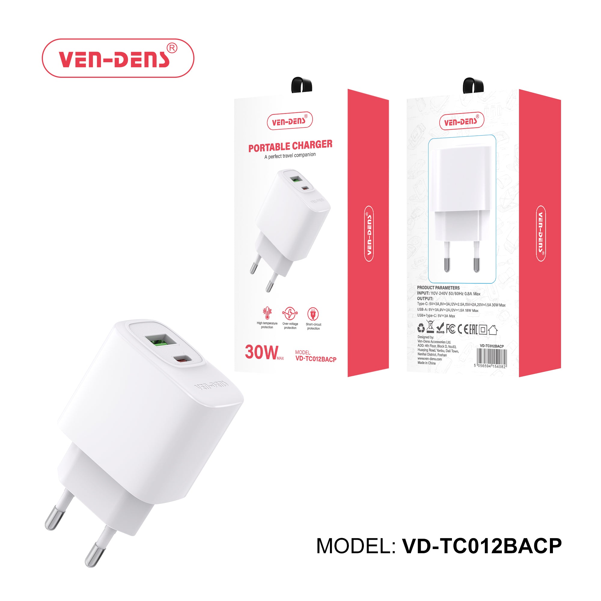 Cargador rápido 30W PD USB-C + 18W USB-A EU Plug | Cargador doble para iPhone, Samsung y Android (VEN-DENS TC012BACP)
