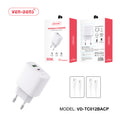 Cargador rápido 30W PD USB-C + 18W USB-A con Cable Type-C 60W | Kit completo para iPhone, Samsung y Android EU Plug (VEN-DENS TC012BACP)