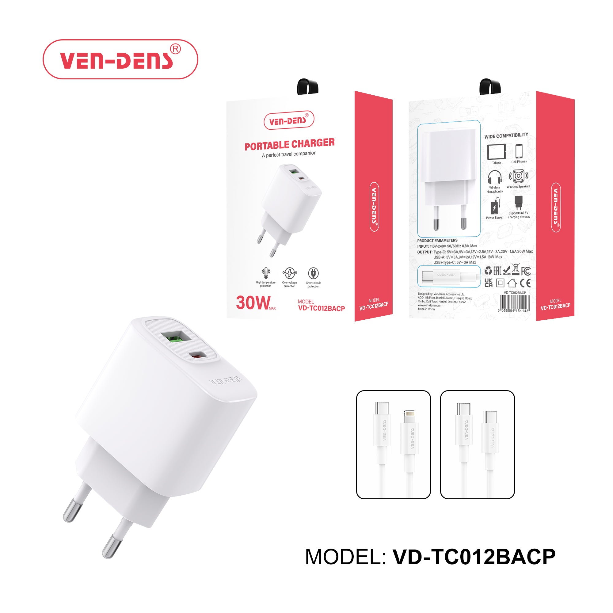 Cargador rápido 30W PD USB-C + 18W USB-A con Cable Type-C 60W | Kit completo para iPhone, Samsung y Android EU Plug (VEN-DENS TC012BACP)