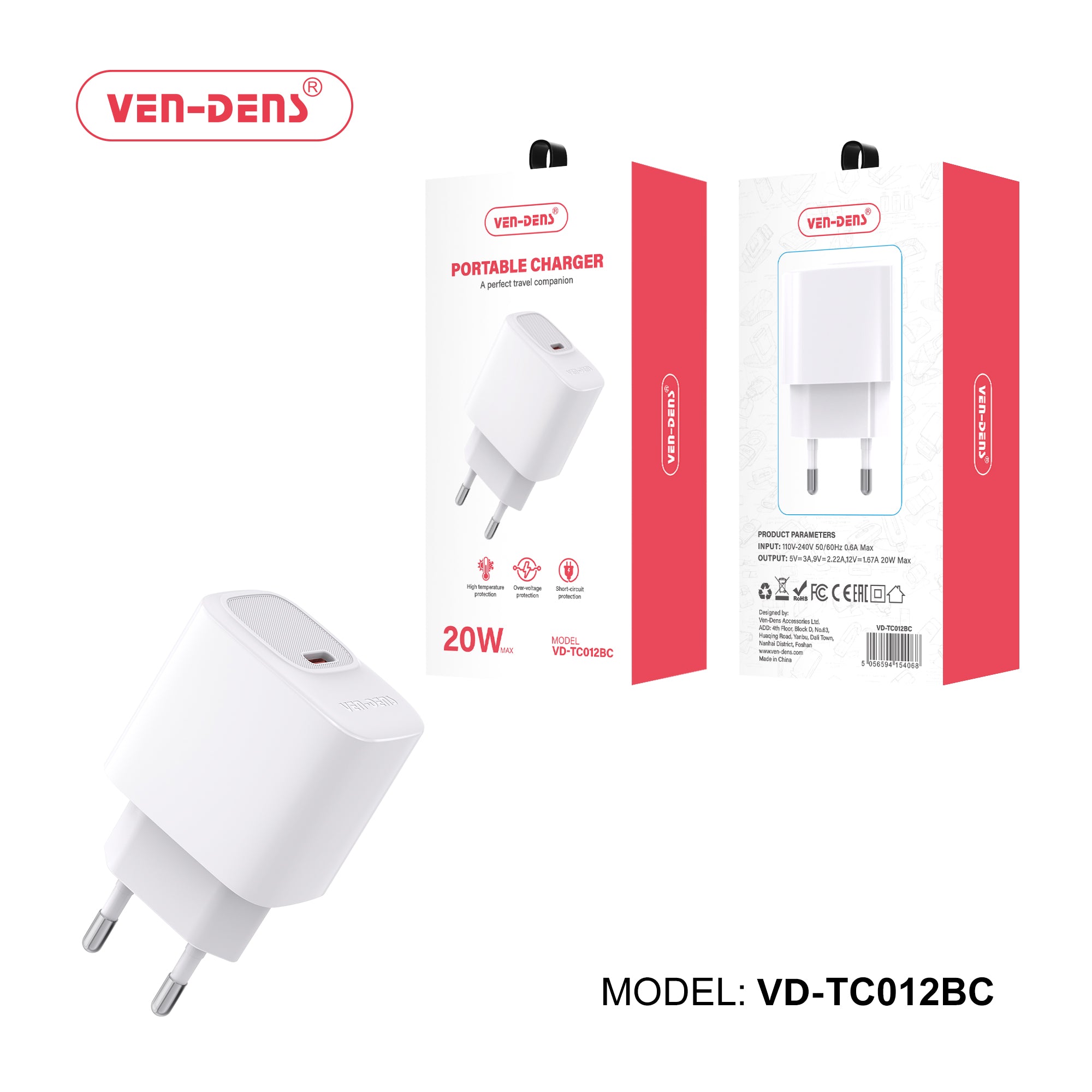 Cargador rápido USB-C 20W P | Cargador Type-C para iPhone, Samsung y iPad (VEN-DENS VD-TC012BC)