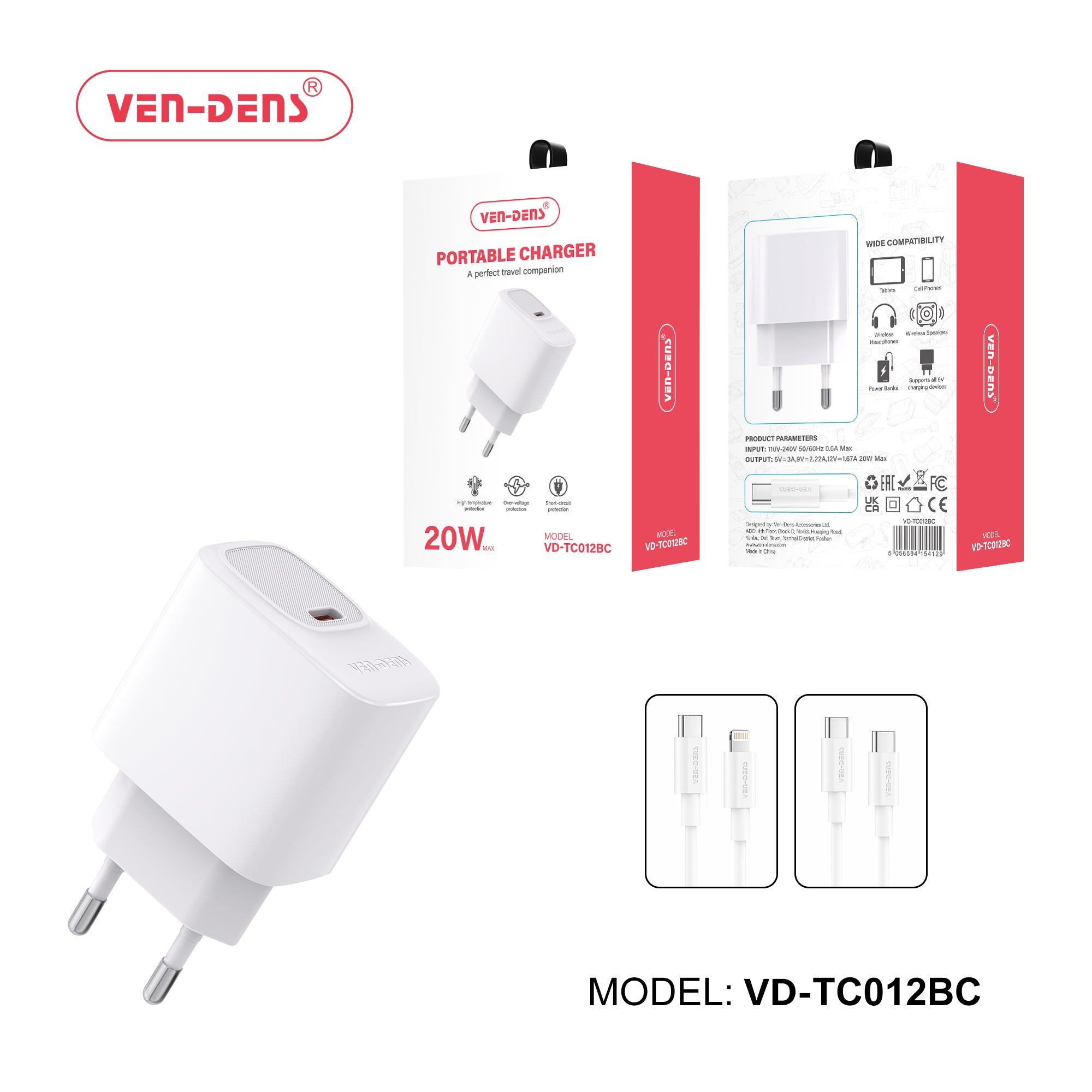 Cargador rápido USB-C 20W PD + Cable Type-C a Type -C 60W | Cargador EU para iPhone y Android (VEN-DENS TC012BC)