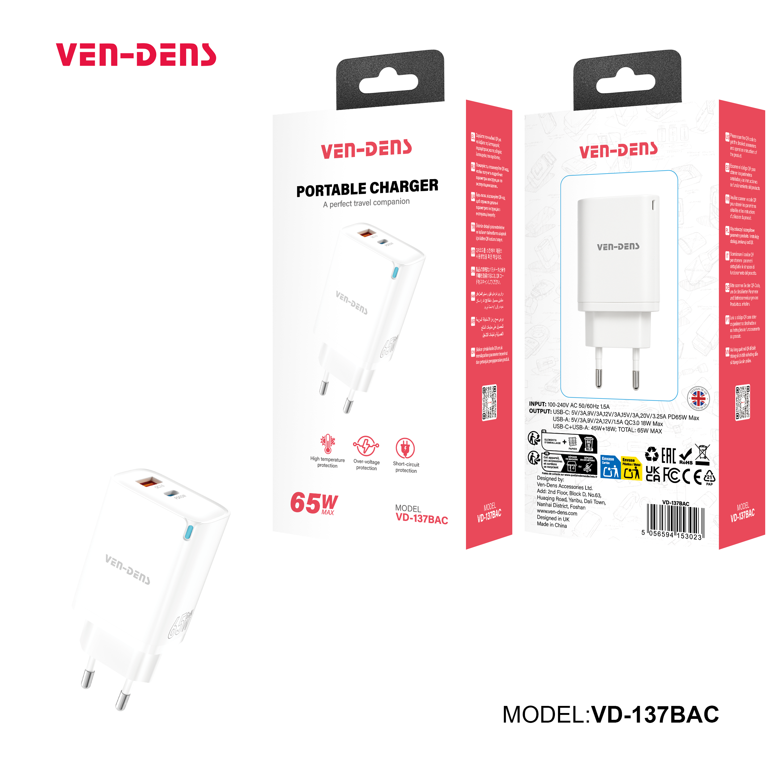 Cargador rápido 65W PD USB-C + 18W USB-A EU Plug | Cargador potente para portátil, iPhone y Android (VEN-DENS 137BAC)