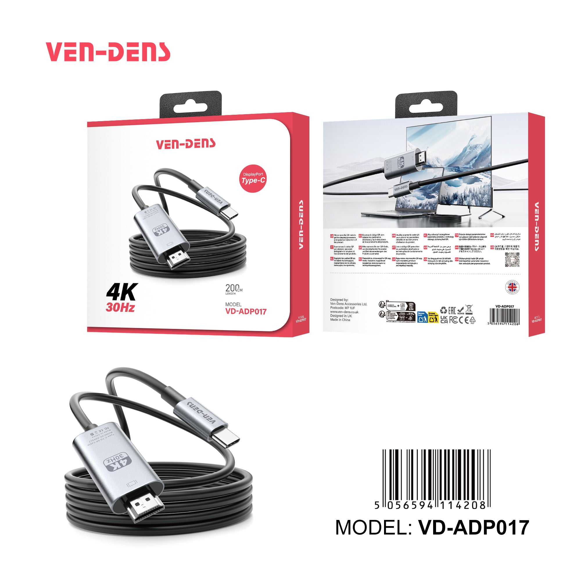 Cable USB-C a DisplayPort 4K 30Hz 2M | vídeo HD estable(VEN-DENS ADP017)