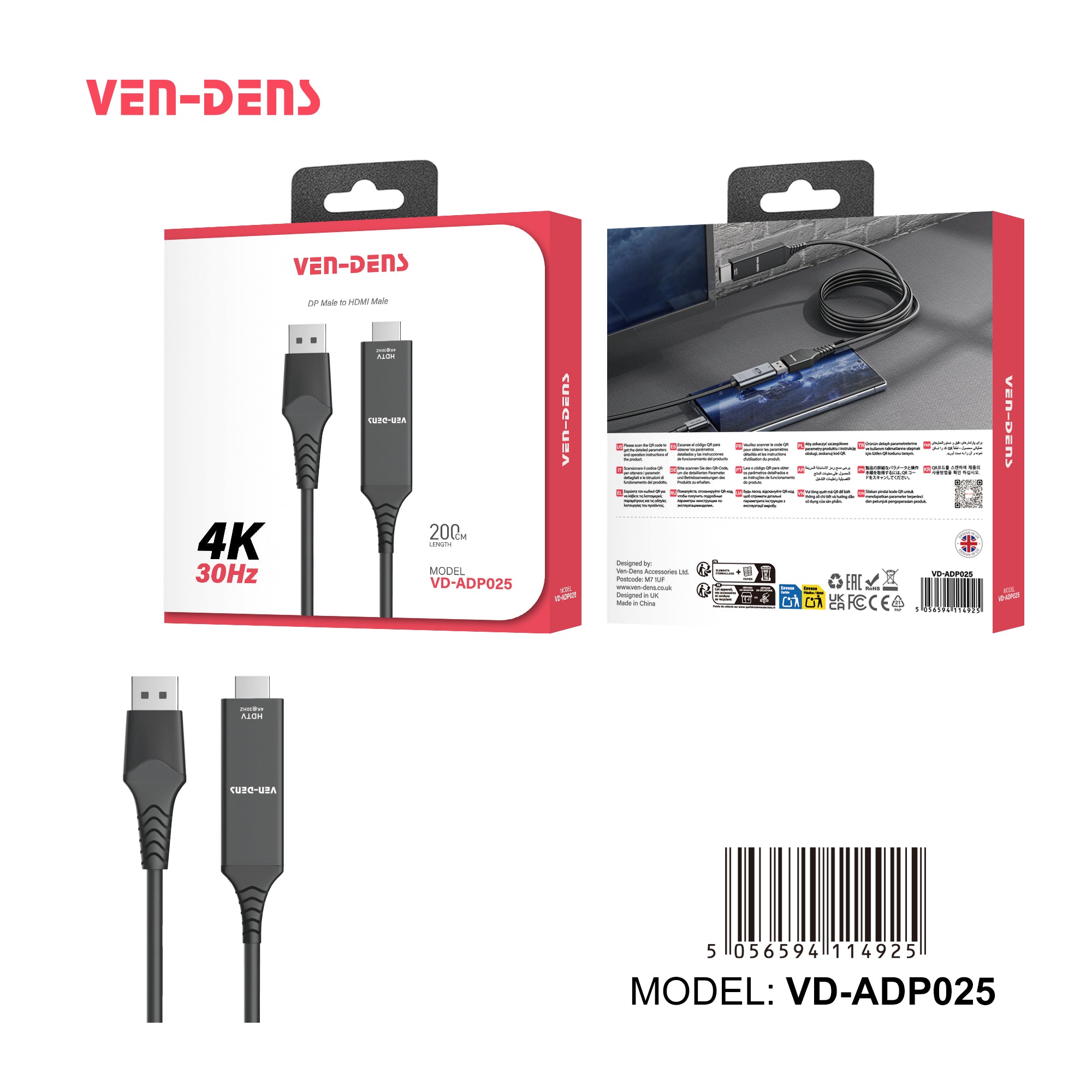 Cable DisplayPort a HDMI 4K 30Hz 2m | conexión directa DP a HDMI（VEN-DENS ADP025)