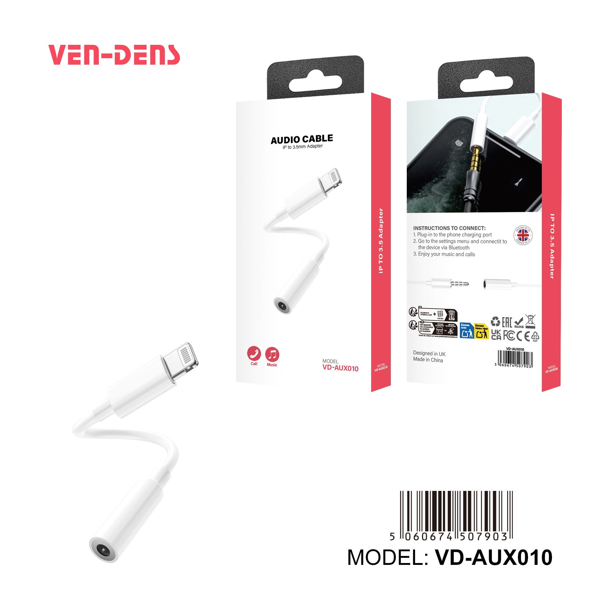 Adaptador Lightning a jack 3.5mm 11cm | audio y llamadas（VEN-DENS AUX010)