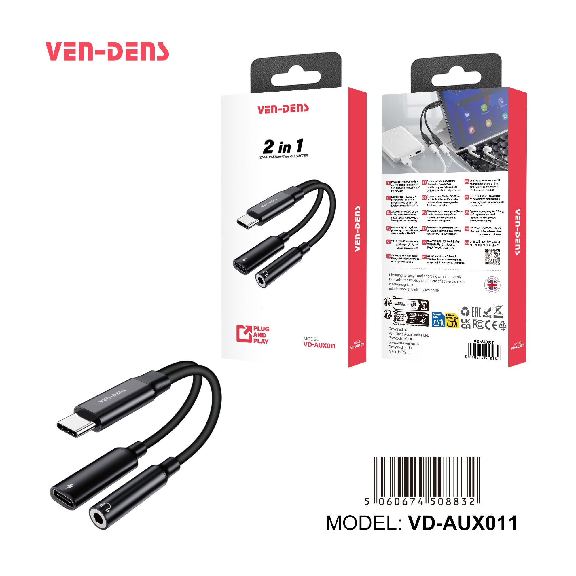 Adaptador USB-C a USB-C + jack 3.5mm 13cm | carga y audio (VEN-DENS AUX011)