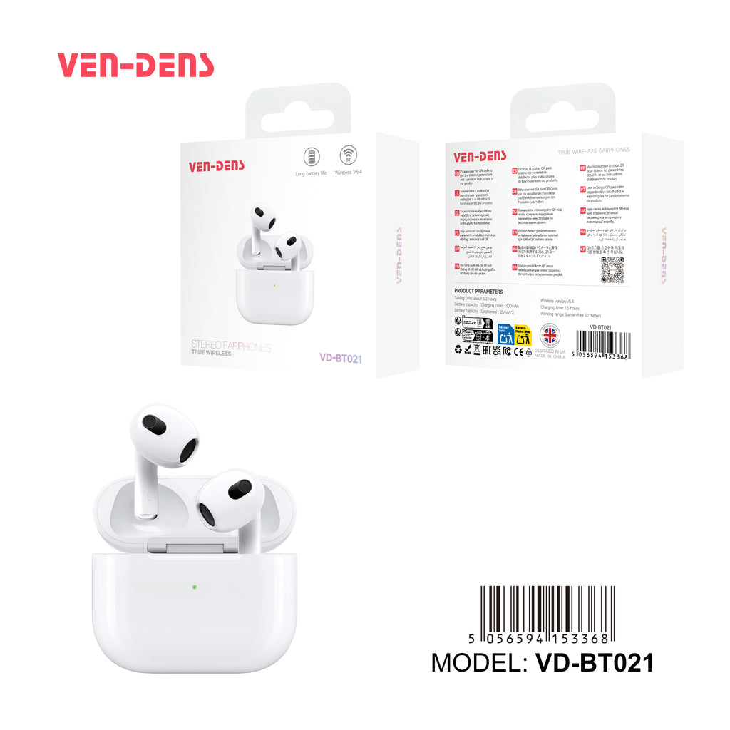 Auriculares Bluetooth blancos tipo AirPods sin goma | Diseño moderno y conexión estable(VEN-DENS BT021)