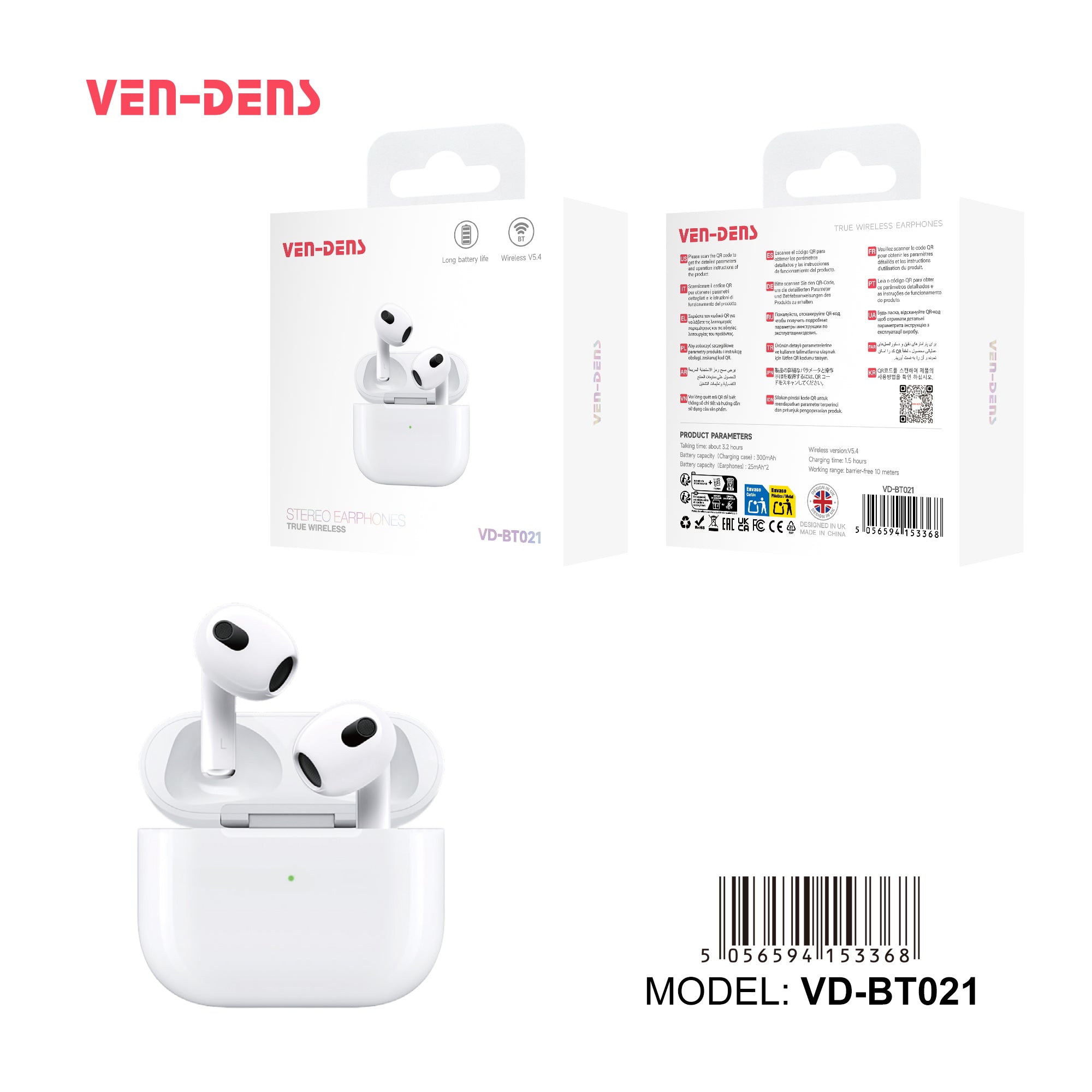 Auriculares Bluetooth blancos tipo AirPods sin goma | Diseño moderno y conexión estable(VEN-DENS BT021)