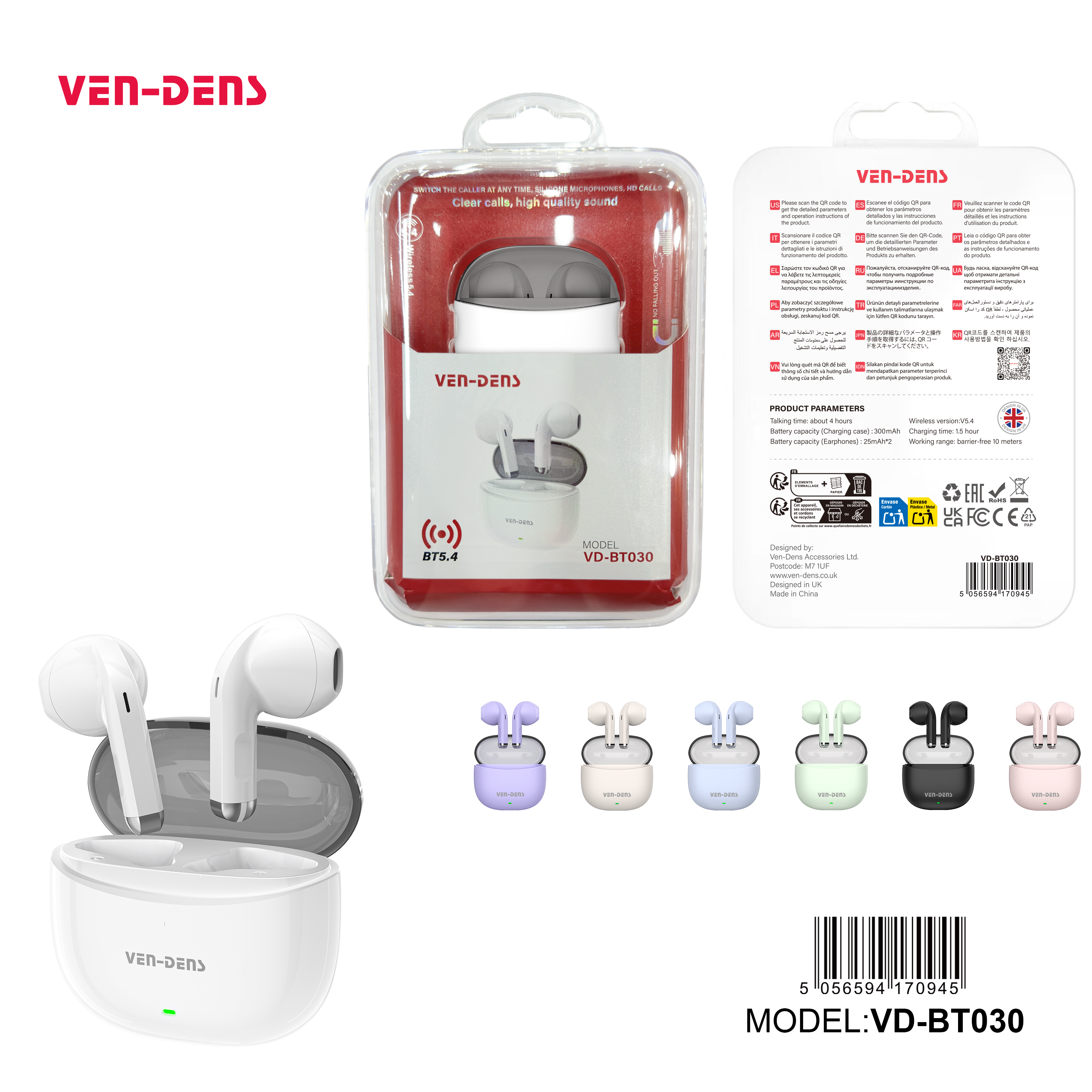 Auriculares inalámbricos Bluetooth estilo AirPods con estuche transparente | 6 colores disponibles（VEN-DENS BT030)