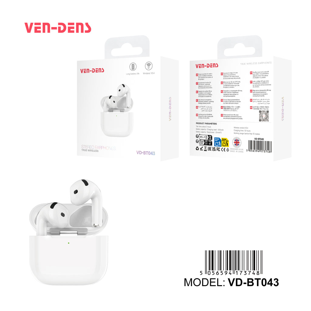 Auriculares Bluetooth blancos tipo AirPods sin goma | Diseño moderno y conexión estable(VEN-DENS BT043)