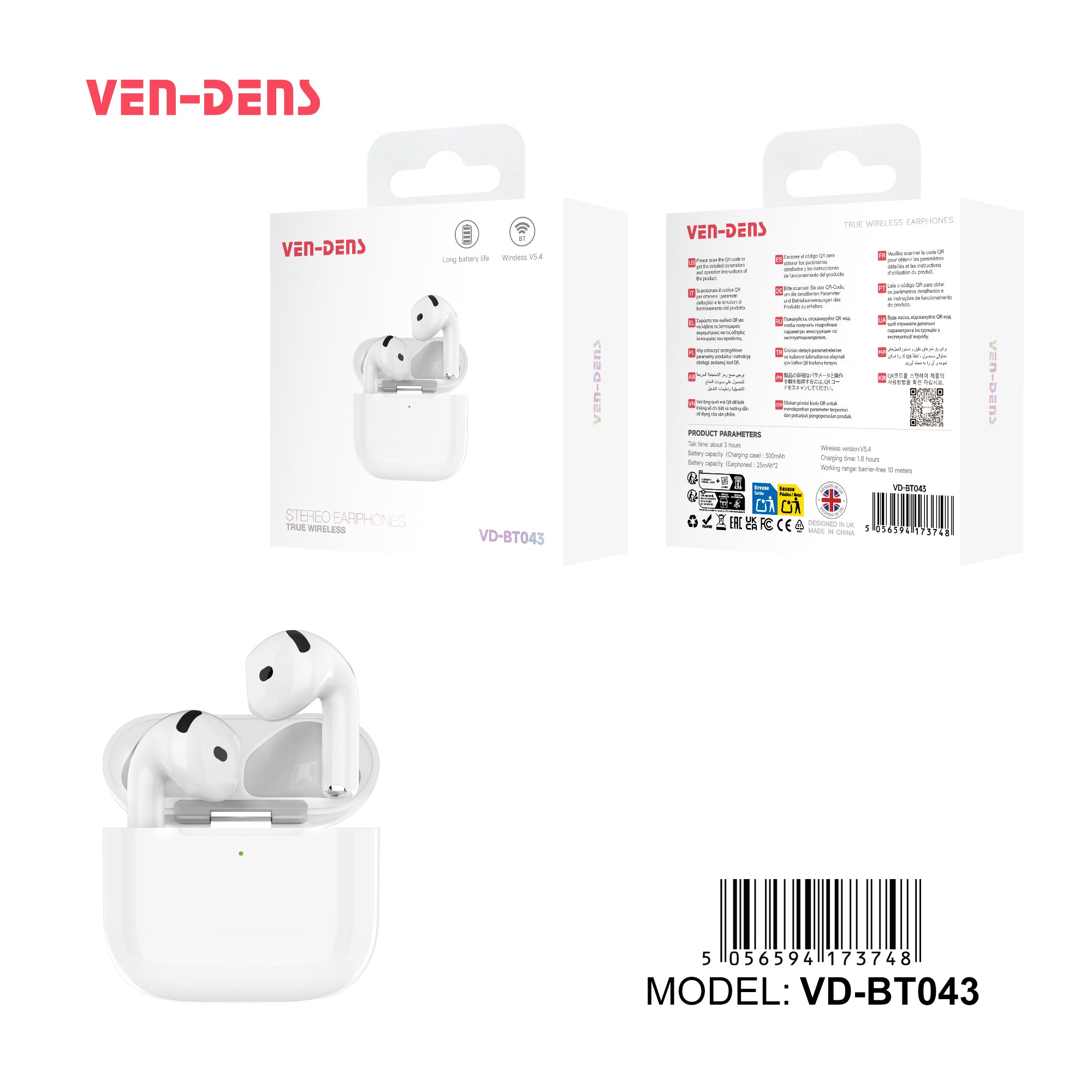 Auriculares Bluetooth blancos tipo AirPods sin goma | Diseño moderno y conexión estable(VEN-DENS BT043)
